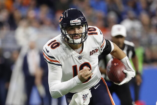 Chicago Bears quarterback Mitchell Trubisky scrambles during the first half of an NFL football game against the Detroit Lions, Thursday, Nov. 28, 2019, in Detroit. (AP Photo/Rick Osentoski)