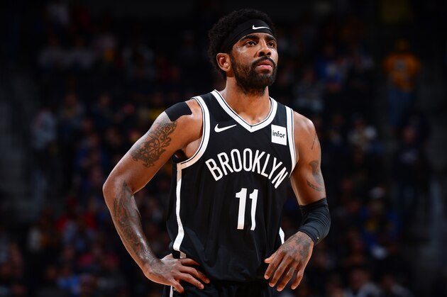 DENVER, CO - NOVEMBER 14: Kyrie Irving #11 of the Brooklyn Nets looks on during the game against the Denver Nuggets on November 14, 2019 at the Pepsi Center in Denver, Colorado. NOTE TO USER: User expressly acknowledges and agrees that, by downloading and/or using this Photograph, user is consenting to the terms and conditions of the Getty Images License Agreement. Mandatory Copyright Notice: Copyright 2019 NBAE (Photo by Bart Young/NBAE via Getty Images)