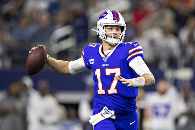 ARLINGTON, TX - NOVEMBER 28:  Josh Allen #17 of the Buffalo Bills throws a pass in the second quarter on Thanksgiving Day during a game against the Dallas Cowboys at NRG Stadium on November 28, 2019 in Arlington, Texas.   (Photo by Wesley Hitt/Getty Images)