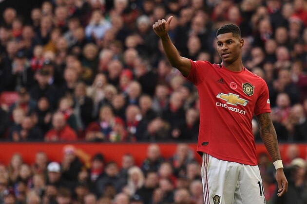Manchester United's English striker Marcus Rashford gestures during the English Premier League football match between Manchester United and Brighton and Hove Albion at Old Trafford in Manchester, north west England, on November 10, 2019. (Photo by Oli SCARFF / AFP) / RESTRICTED TO EDITORIAL USE. No use with unauthorized audio, video, data, fixture lists, club/league logos or 'live' services. Online in-match use limited to 120 images. An additional 40 images may be used in extra time. No video emulation. Social media in-match use limited to 120 images. An additional 40 images may be used in extra time. No use in betting publications, games or single club/league/player publications. /  (Photo by OLI SCARFF/AFP via Getty Images)