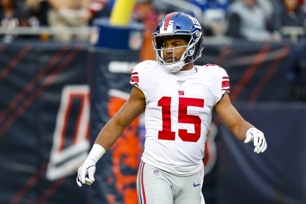 New York Giants wide receiver Golden Tate (15) plays against the Chicago Bears during the second half of an NFL football game in Chicago, Sunday, Nov. 24, 2019. (AP Photo/Paul Sancya)