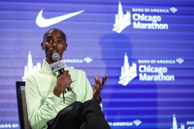 British distance runner Mo Farah speaks at the Elite Athlete Press Conference for the Chicago Marathon, on October 11 2019 in Chicago, Illinois. (Photo by KAMIL KRZACZYNSKI / AFP) (Photo by KAMIL KRZACZYNSKI/AFP via Getty Images)