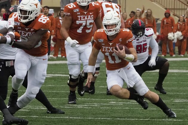 Texas quarterback Sam Ehlinger (11) runs the ball during the first half of an NCAA college football game against Texas Tech, Friday, Nov. 29, 2019, in Austin, Texas. (AP Photo/Michael Thomas)