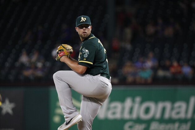 Oakland Athletics' Blake Treinen works against the Texas Rangers during a baseball game in Arlington, Texas, Friday, Sept. 13, 2019. (AP Photo/Tony Gutierrez)