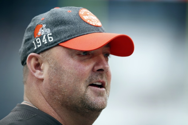 Cleveland Browns head coach Freddie Kitchens watches his team warm up before an NFL football game against the Miami Dolphins, Sunday, Nov. 24, 2019, in Cleveland. The Browns won the game 41-24. (Jeff Haynes/AP Images for Panini)