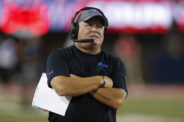 UCLA head coach Chip Kelly during an NCAA college football game against Arizona, Saturday, Sept. 28, 2019, in Tucson, Ariz. (AP Photo/Rick Scuteri)