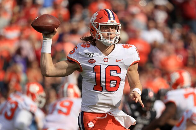 COLUMBIA, SOUTH CAROLINA - NOVEMBER 30: Trevor Lawrence #16 of the Clemson Tigers drops back to pass against the South Carolina Gamecocks during their game at Williams-Brice Stadium on November 30, 2019 in Columbia, South Carolina. (Photo by Streeter Lecka/Getty Images)