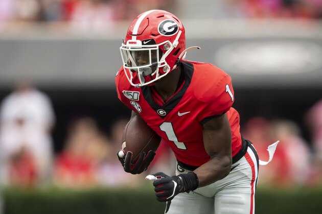 Georgia wide receiver George Pickens carries the ball against Arkansas State during an NCAA football game on Saturday, Sept. 14, 2019 in Athens, Ga. (AP Photo/John Amis)