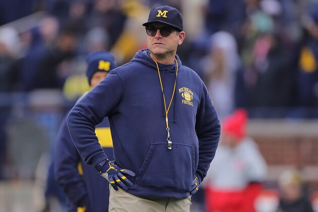 ANN ARBOR, MI - NOVEMBER 30: Michigan Wolverines Head Football Coach Jim Harbaugh watches the pregame warmups prior to the start of the game against the Ohio State Buckeyes at Michigan Stadium on November 30, 2019 in Ann Arbor, Michigan. (Photo by Leon Halip/Getty Images)