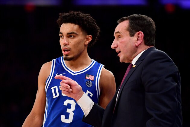 NEW YORK, NEW YORK - NOVEMBER 22: Duke Blue Devils head coach  Mike Krzyzewski talks to Tre Jones #3 during the second half of their game against the Georgetown Hoyas at Madison Square Garden on November 22, 2019 in New York City. (Photo by Emilee Chinn/Getty Images)