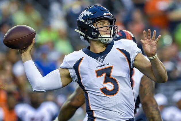 SEATTLE, WA - AUGUST 08: Quarterback Drew Lock #3 of the Denver Broncos looks for an open teammate during the NFL game against the Seattle Seahawks at CenturyLink Field on August 8, 2019 in Seattle, Washington. (Photo by Dougal Brownlie/Getty Images)