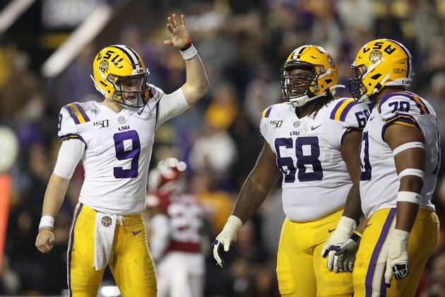 BATON ROUGE, LOUISIANA - NOVEMBER 23: Joe Burrow #9 of the LSU Tigers looks on during the game against the Arkansas Razorbacks at Tiger Stadium on November 23, 2019 in Baton Rouge, Louisiana. (Photo by Chris Graythen/Getty Images)