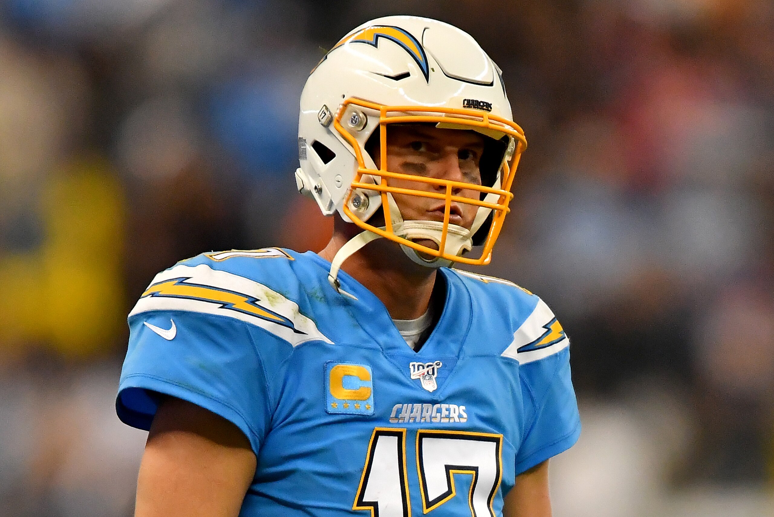 MEXICO CITY, MEXICO - NOVEMBER 18: Philip Rivers #17 of the Los Angeles Chargers walks to the huddle after a timeout during an NFL football game against the Kansas City Chiefs on Monday, November 18, 2019, in Mexico City. The Chiefs defeated the Chargers 24-17.(Photo by Alika Jenner/Getty Images) MEXICO CITY, MEXICO - NOVEMBER 18: Philip Rivers #17 of the Los Angeles Chargers walks to the huddle after a timeout during an NFL football game against the Kansas City Chiefs on Monday, November 18, 2019, in Mexico City. The Chiefs defeated the Chargers 24-17.(Photo by Alika Jenner/Getty Images)