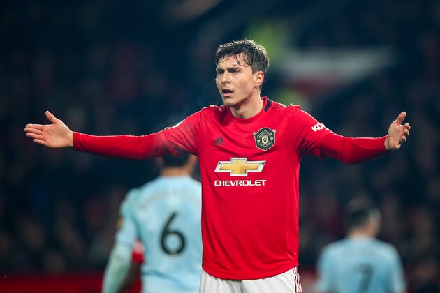 MANCHESTER, ENGLAND - DECEMBER 01: Victor Lindelof of Manchester United reacts during the Premier League match between Manchester United and Aston Villa at Old Trafford on December 1, 2019 in Manchester, United Kingdom. (Photo by Robbie Jay Barratt - AMA/Getty Images)