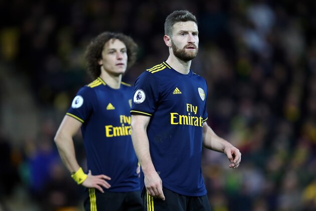 NORWICH, ENGLAND - DECEMBER 01: Shkodran Mustafi of Arsenal reacts  during the Premier League match between Norwich City and Arsenal FC at Carrow Road on December 01, 2019 in Norwich, United Kingdom. (Photo by Julian Finney/Getty Images)