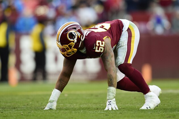 LANDOVER, MD - NOVEMBER 24: Ryan Anderson #52 of the Washington Redskins in action in the second half against the Detroit Lions at FedExField on November 24, 2019 in Landover, Maryland. (Photo by Patrick McDermott/Getty Images)