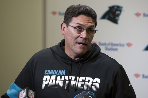 Carolina Panthers head coach Ron Rivera speaks to the media following an NFL football game against the Washington Redskins in Charlotte, N.C., Sunday, Dec. 1, 2019. (AP Photo/Mike McCarn)