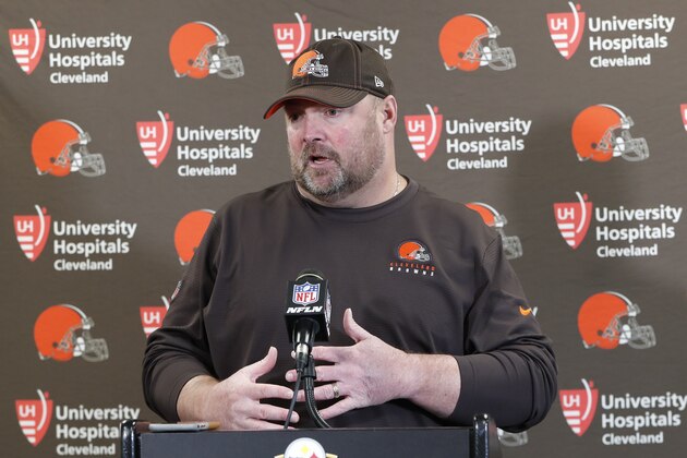 Cleveland Browns head coach Freddie Kitchens answers questions during a news conference after an NFL football game against the Pittsburgh Steelers, Sunday, Dec. 1, 2019, in Pittsburgh. (AP Photo/Don Wright)