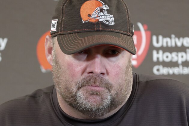 Cleveland Browns head coach Freddie Kitchens answers questions during a news conference after an NFL football game against the Pittsburgh Steelers, Sunday, Dec. 1, 2019, in Pittsburgh. The Steelers won 20-13. (AP Photo/Don Wright)