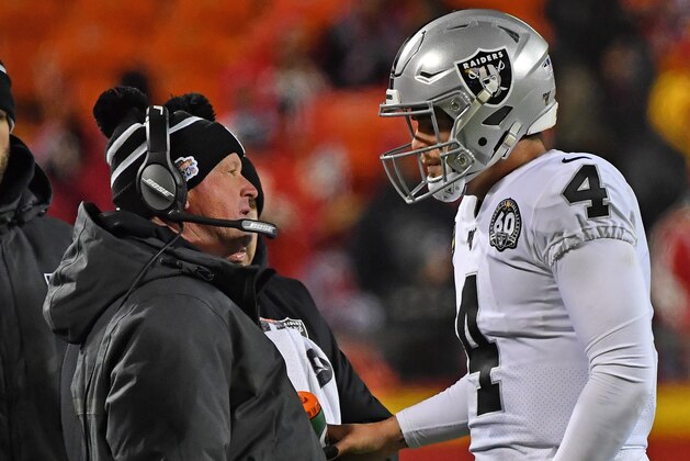 KANSAS CITY, MO - DECEMBER 01:  Head coach Jon Gruden of the Oakland Raiders talks with quarterback Derek Carr #4 during the second half against the Kansas City Chiefs at Arrowhead Stadium on December 1, 2019 in Kansas City, Missouri. (Photo by Peter Aiken/Getty Images)