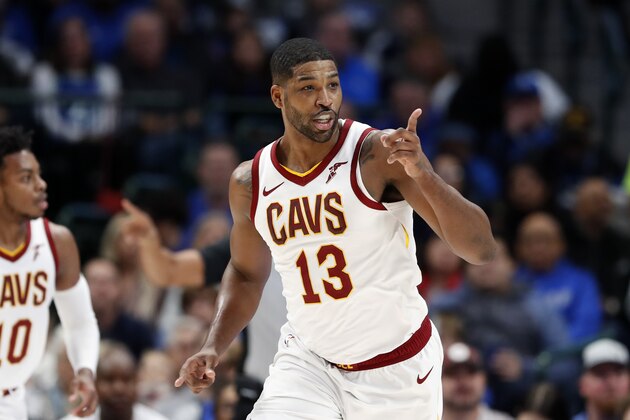 Cleveland Cavaliers center Tristan Thompson (13) celebrates scoring against the Dallas Mavericks during an NBA basketball game in Dallas, Friday, Nov. 22, 2019. (AP Photo/Tony Gutierrez)
