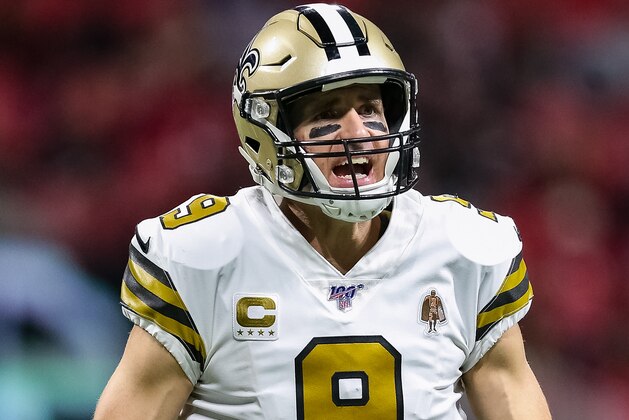 ATLANTA, GA - NOVEMBER 28: Drew Brees #9 of the New Orleans Saints reacts during the second half of a game against the Atlanta Falcons at Mercedes-Benz Stadium on November 28, 2019 in Atlanta, Georgia. (Photo by Carmen Mandato/Getty Images)