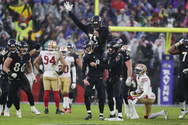 El pateador de los Ravens de Baltimore Justin Tucker celebra su gol de campo que le dio el triunfo a su equipo sobre los 49ers de San Francisco el domingo primero de diciembre del 2019. (AP Photo/Julio Cortez)