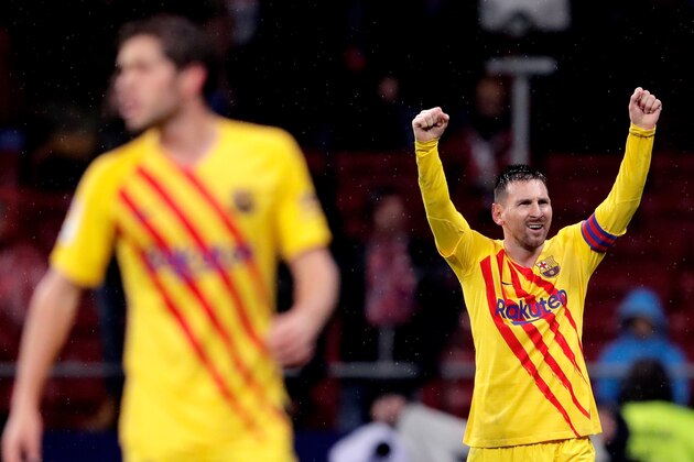 MADRID, SPAIN - DECEMBER 1: Lionel Messi of FC Barcelona celebrates 0-1 during the La Liga Santander  match between Atletico Madrid v FC Barcelona at the Estadio Wanda Metropolitano on December 1, 2019 in Madrid Spain (Photo by Rico Brouwer/Soccrates/Getty Images)