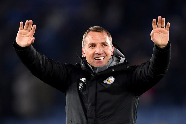 LEICESTER, ENGLAND - DECEMBER 01: Brendan Rodgers, Manager of Leicester City celebrates after the Premier League match between Leicester City and Everton FC at The King Power Stadium on December 01, 2019 in Leicester, United Kingdom. (Photo by Michael Regan/Getty Images)