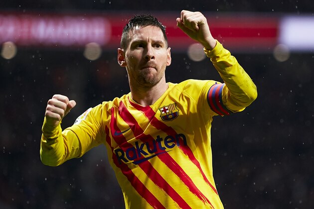 MADRID, SPAIN - DECEMBER 01: Lionel Messi of FC Barcelona celebrates after scoring his team's first goal during the Liga match between Club Atletico de Madrid and FC Barcelona at Wanda Metropolitano on December 01, 2019 in Madrid, Spain. (Photo by Quality Sport Images/Getty Images)