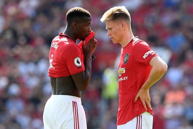 MANCHESTER, ENGLAND - AUGUST 24:  Paul Pogba and Scott McTominay of Manchester United in discussion during the Premier League match between Manchester United and Crystal Palace at Old Trafford on August 24, 2019 in Manchester, United Kingdom. (Photo by Michael Regan/Getty Images)