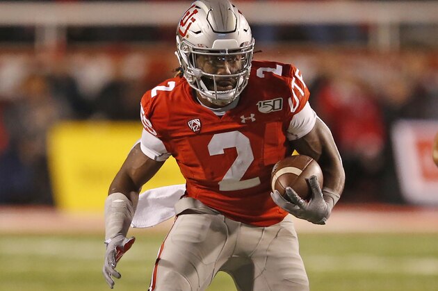 Utah running back Zack Moss (2) carriers the ball against UCLA in the first half during an NCAA college football game Saturday, Nov. 16, 2019, in Salt Lake City. (AP Photo/Rick Bowmer)
