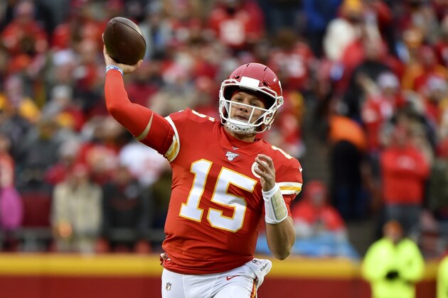 Kansas City Chiefs quarterback Patrick Mahomes (15) throws a pass during the first half of an NFL football game against the Oakland Raiders in Kansas City, Mo., Sunday, Dec. 1, 2019. (AP Photo/Ed Zurga)