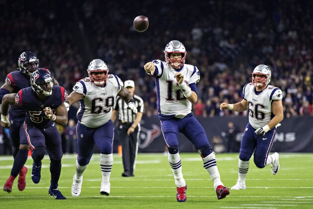 HOUSTON, TX - DECEMBER 1:  Tom Brady #12 of the New England Patriots throws a pass for a touchdown during the second half of a game against the Houston Texans at NRG Stadium on December 1, 2019 in Houston, Texas.  The Texans defeated the Patriots 28-22.  (Photo by Wesley Hitt/Getty Images)