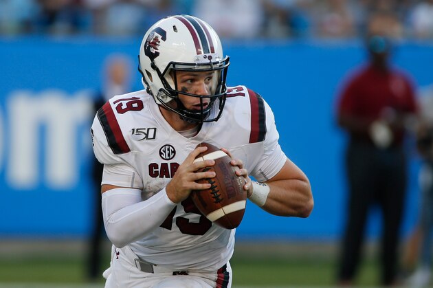South Carolina quarterback Jake Bentley looks to pass against North Carolina in an NCAA college football game in Charlotte, N.C., Saturday, Aug. 31, 2019. (AP Photo/Nell Redmond)