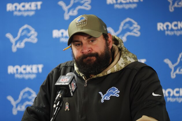 Detroit Lions head coach Matt Patricia speaks to the media after an NFL football game against the Chicago Bears in Chicago, Sunday, Nov. 10, 2019. (AP Photo/Charles Rex Arbogast)