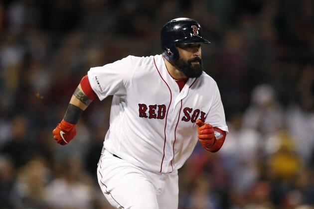 Boston Red Sox's Sandy Leon runs on his RBI double during the fourth inning of a baseball game against the New York Yankees in Boston, Sunday, Sept. 8, 2019. (AP Photo/Michael Dwyer)