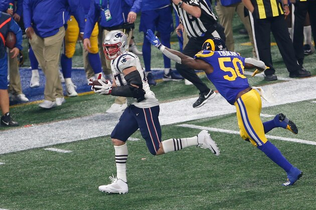ATLANTA, GEORGIA - FEBRUARY 03: Rob Gronkowski #87 of the New England Patriots runs after making a reception against the Los Angeles Rams during Super Bowl LIII at Mercedes-Benz Stadium on February 03, 2019 in Atlanta, Georgia. (Photo by Michael Zagaris/Getty Images)