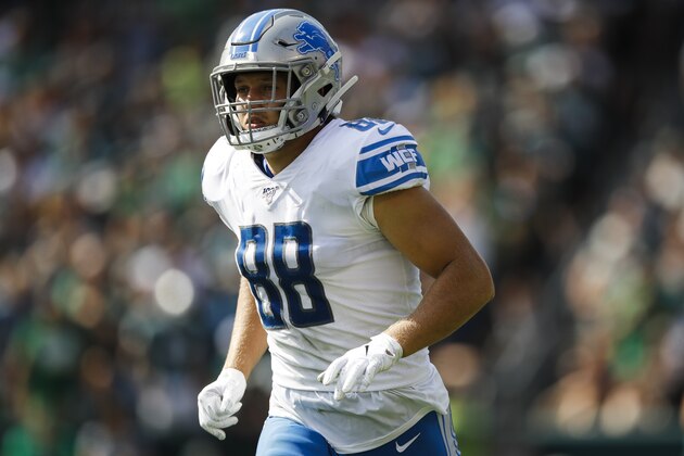 Detroit Lions tight end T.J. Hockenson in action during an NFL football game against the Philadelphia Eagles, Sunday, Sept. 22, 2019, in Philadelphia. (AP Photo/Matt Rourke)