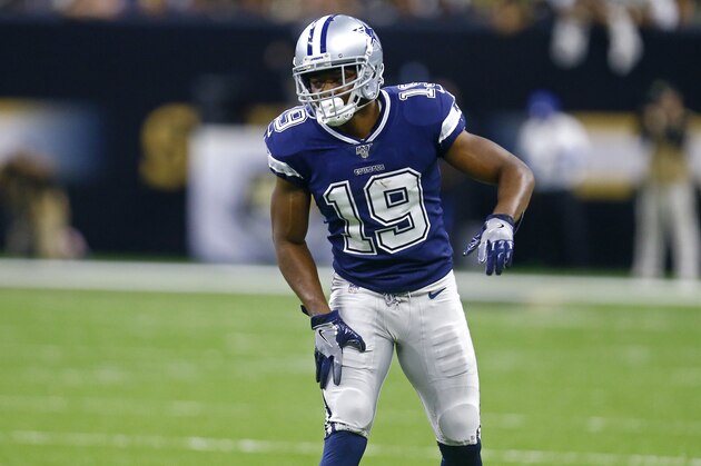 Dallas Cowboys wide receiver Amari Cooper (19) lines up in the first half of an NFL football game against the New Orleans Saints in New Orleans, Sunday, Sept. 29, 2019. (AP Photo/Butch Dill)