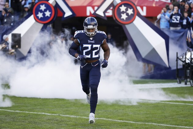 Tennessee Titans running back Derrick Henry takes the field before an NFL football game against the Jacksonville Jaguars Sunday, Nov. 24, 2019, in Nashville, Tenn. (AP Photo/James Kenney)