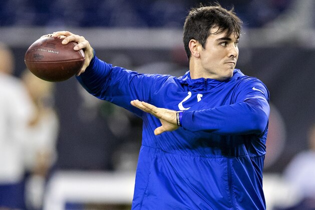 HOUSTON, TX - NOVEMBER 21:  Chad Kelly #6 of the Indianapolis Colts warms up before a game against the Houston Texans at NRG Stadium on November 21, 2019 in Houston, Texas.  The Texans defeated the Colts 20-17. (Photo by Wesley Hitt/Getty Images)