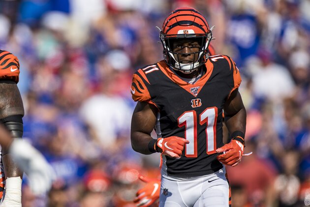 ORCHARD PARK, NY - SEPTEMBER 22:  John Ross #11 of the Cincinnati Bengals moves into position during the second half against the Buffalo Bills at New Era Field on September 22, 2019 in Orchard Park, New York. Buffalo defeats Cincinnati 21-17.  (Photo by Brett Carlsen/Getty Images)