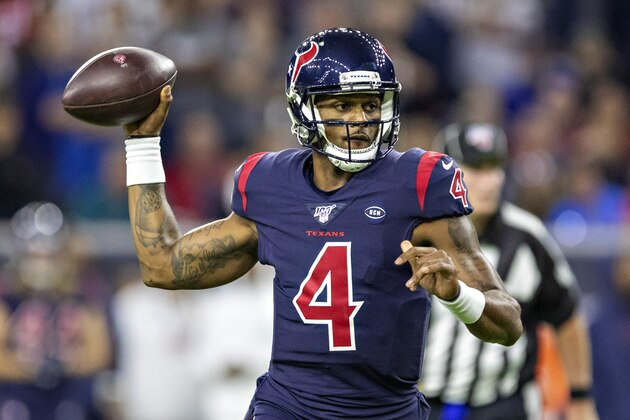 HOUSTON, TX - DECEMBER 1: Deshaun Watson #4 of the Houston Texans throws a pass during the first half of a game against the New England Patriots at NRG Stadium on December 1, 2019 in Houston, Texas. (Photo by Wesley Hitt/Getty Images) HOUSTON, TX - DECEMBER 1: Deshaun Watson #4 of the Houston Texans throws a pass during the first half of a game against the New England Patriots at NRG Stadium on December 1, 2019 in Houston, Texas. (Photo by Wesley Hitt/Getty Images)