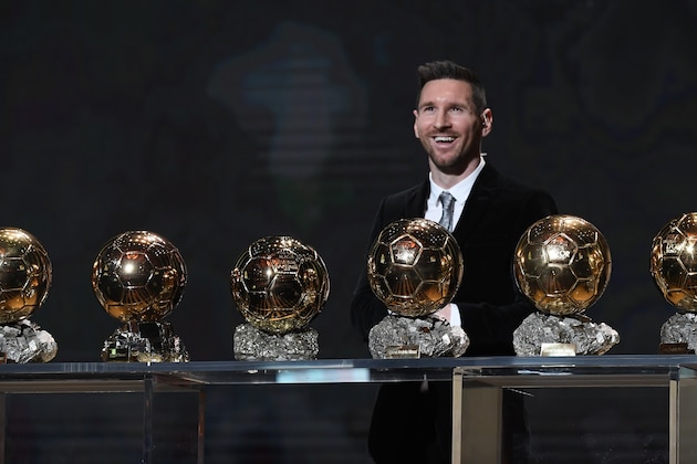 PARIS, FRANCE - DECEMBER 02: Lionel Messi (ARG / FC Barcelona) poses onstage with after winning his sixth Ballon D'Or award during the Ballon D'Or Ceremony at Theatre Du Chatelet on December 02, 2019 in Paris, France. (Photo by Kristy Sparow/Getty Images)