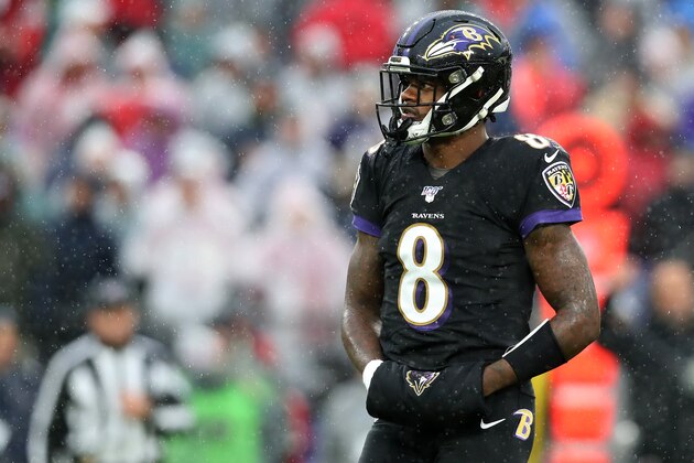 BALTIMORE, MARYLAND - DECEMBER 01: Quarterback Lamar Jackson #8 of the Baltimore Ravens looks on against the San Francisco 49ers in the second half at M&T Bank Stadium on December 01, 2019 in Baltimore, Maryland. (Photo by Rob Carr/Getty Images)