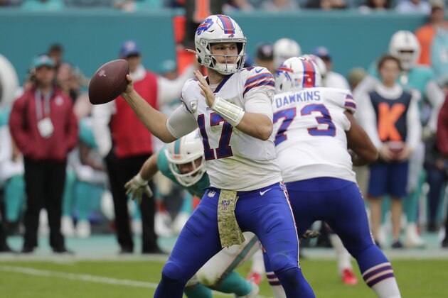 Buffalo Bills quarterback Josh Allen (17) looks to pass, during the second half at an NFL football game against the Miami Dolphins, Sunday, Nov. 17, 2019, in Miami Gardens, Fla. (AP Photo/Lynne Sladky)