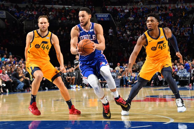 PHILADELPHIA, PA - DECEMBER 2: Ben Simmons #25 of the Philadelphia 76ers handles the ball against the Utah Jazz on December 2, 2019 at the Wells Fargo Center in Philadelphia, Pennsylvania NOTE TO USER: User expressly acknowledges and agrees that, by downloading and/or using this Photograph, user is consenting to the terms and conditions of the Getty Images License Agreement. Mandatory Copyright Notice: Copyright 2019 NBAE (Photo by Jesse D. Garrabrant/NBAE via Getty Images)