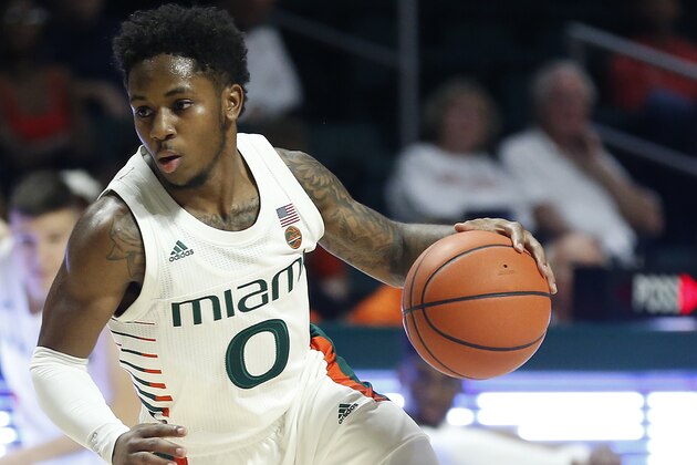 MIAMI, FLORIDA - OCTOBER 30:  Chris Lykes #0 of the Miami Hurricanes in action against the Flagler Saints during the first half of the exhibition at Watsco Center on October 30, 2019 in Miami, Florida. (Photo by Michael Reaves/Getty Images)