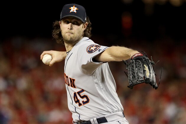 WASHINGTON, DC - OCTOBER 27:  Gerrit Cole #45 of the Houston Astros delivers the pitch against the Washington Nationals during the first inning in Game Five of the 2019 World Series at Nationals Park on October 27, 2019 in Washington, DC. (Photo by Patrick Smith/Getty Images)